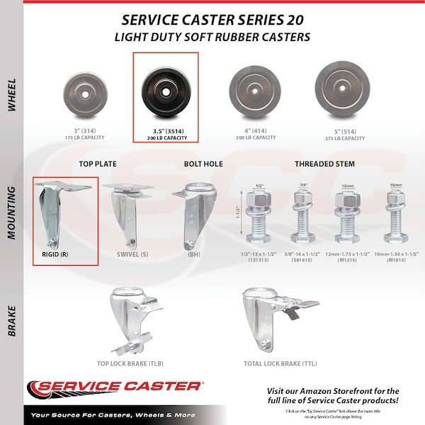 3.5 Inch SS Soft Rubber Wheel Swivel Top Plate Caster Set With 2 Rigid SCC